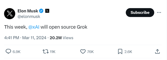 马斯克将在本周,开源类ChatGPT产品Grok