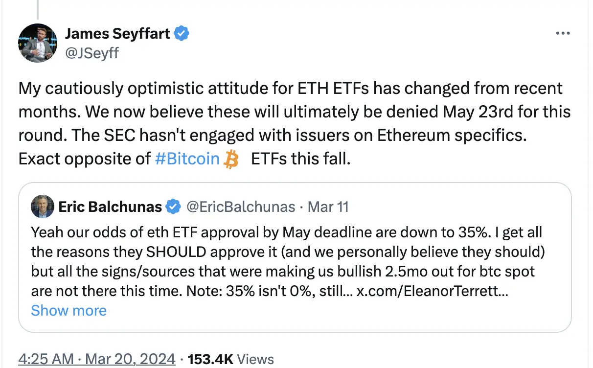 多个审核决议再度推迟,以太坊现货 ETF 被拒已是板上钉钉?