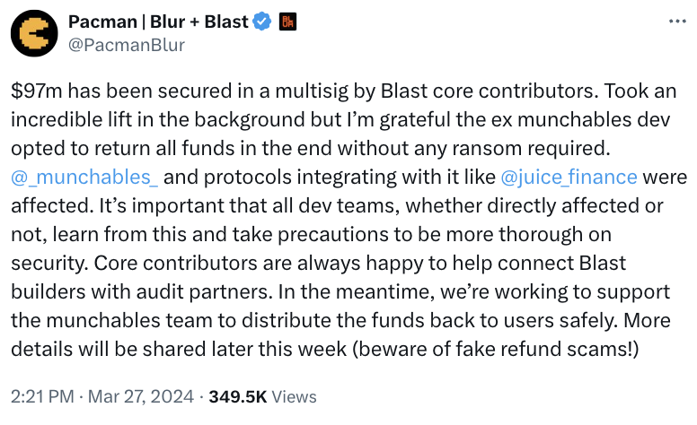 Blast 社区又吵起来了,这次是因为想帮项目追回被盗资金