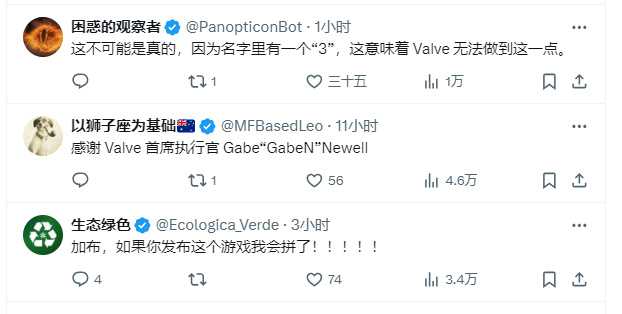 连G胖都有山寨？推特上出现自称Gabe Newell用户：这个G胖会数3！